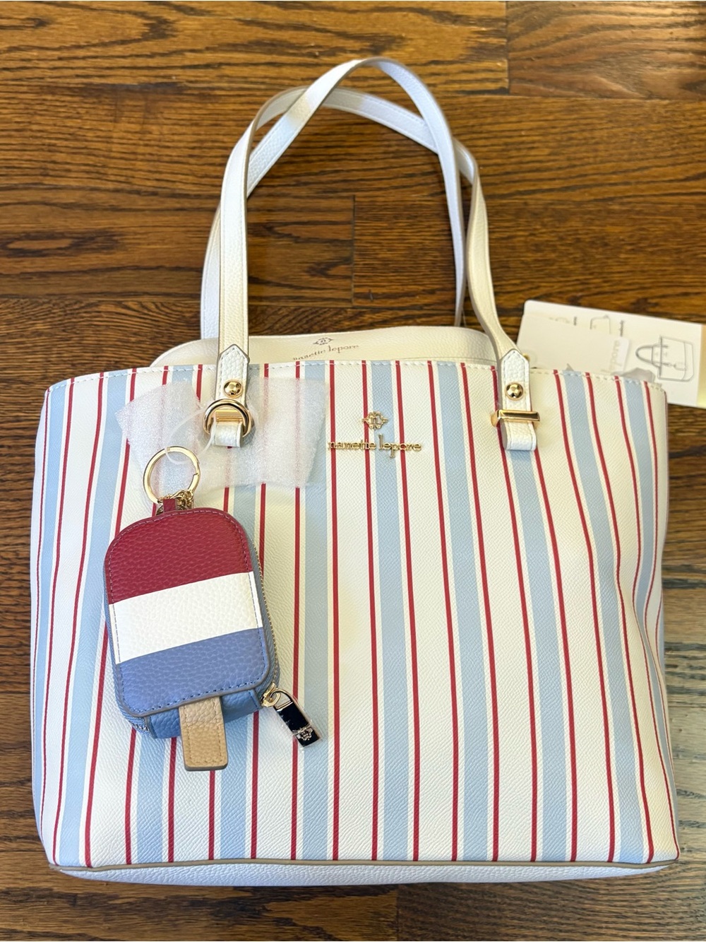 Nanette Lepore Striped Tote with Red, White & Light Blue Charm
